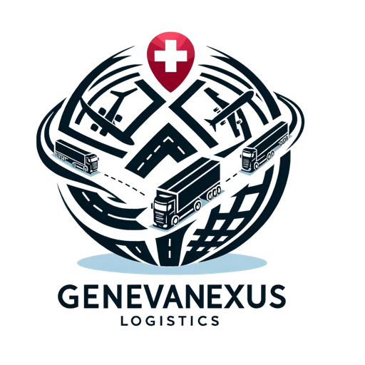 Logo of GenevaNexus Logistics featuring a globe with intersecting lines symbolizing routes, trucks, and a Swiss cross emblem at the top center.
