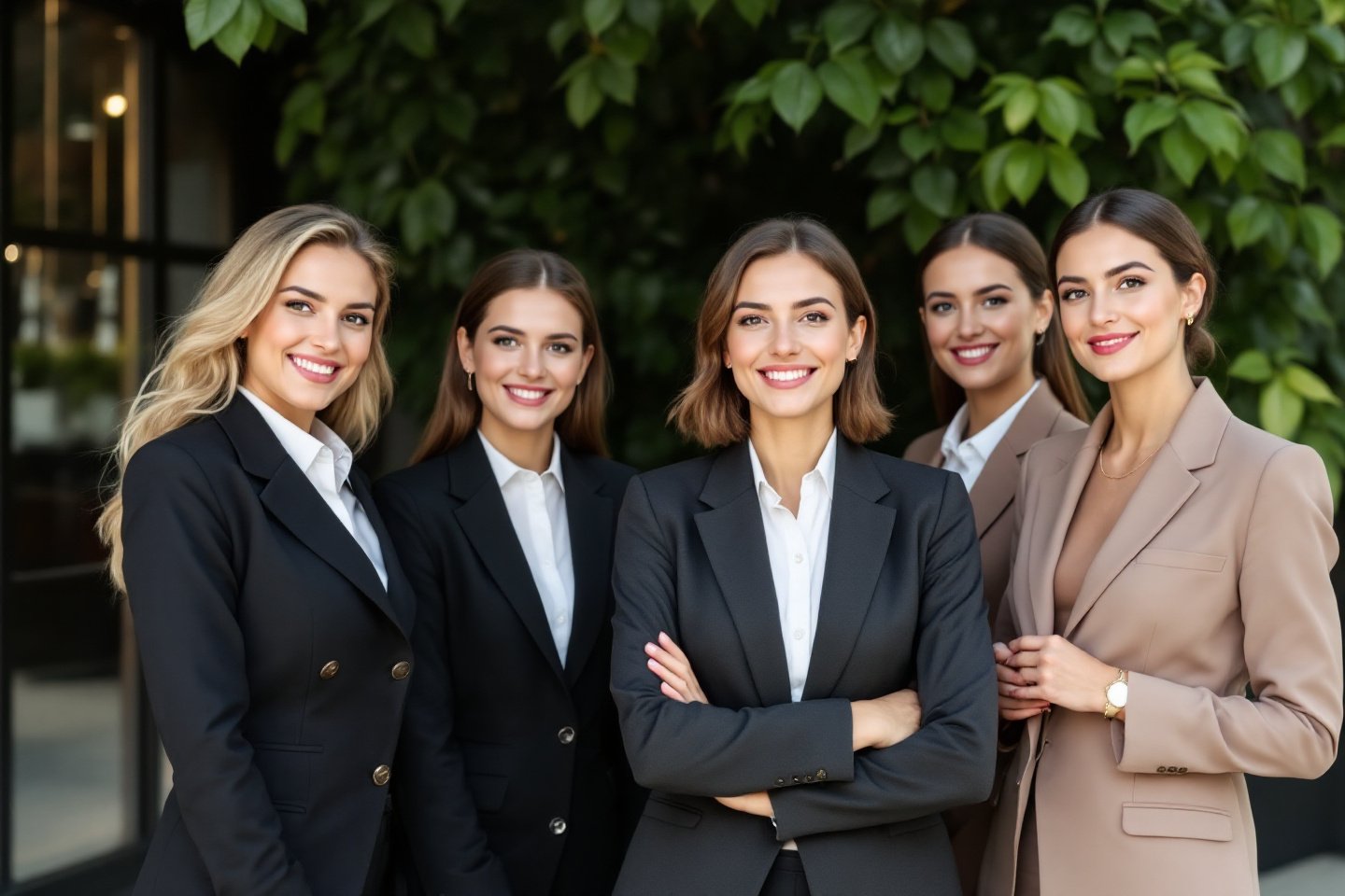 A group of five professionally dressed women - EpS by VIMAXUS hostesses in business attire, smiling confidently in an outdoor setting with green foliage in the background.