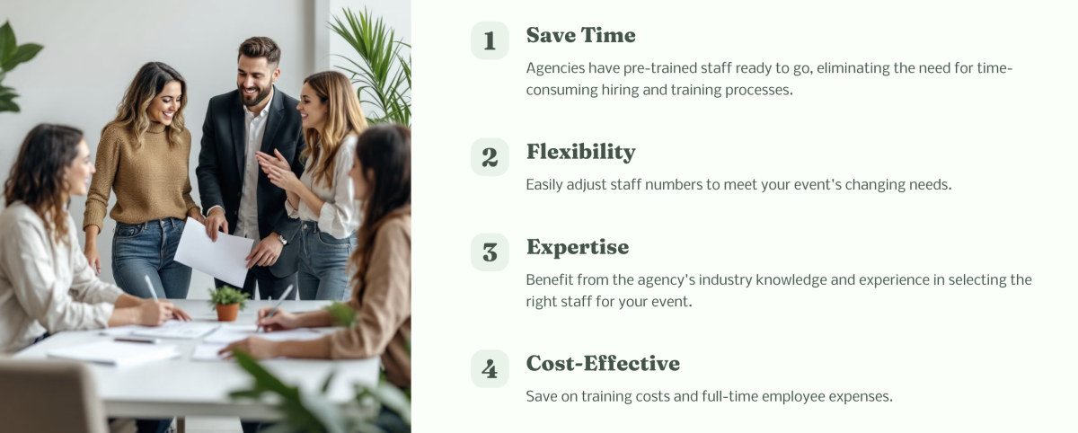 A group of professionals discussing event planning around a table, with a text overlay listing the benefits of hiring an event staffing agency.