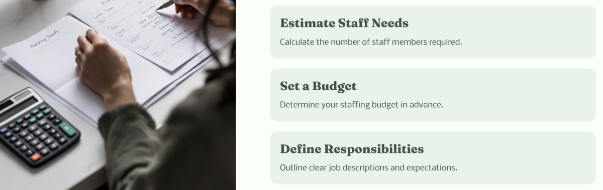 A person writing staff planning details on a notepad with a calculator on the table, alongside a text overlay on preparing to work with an event staffing agency.