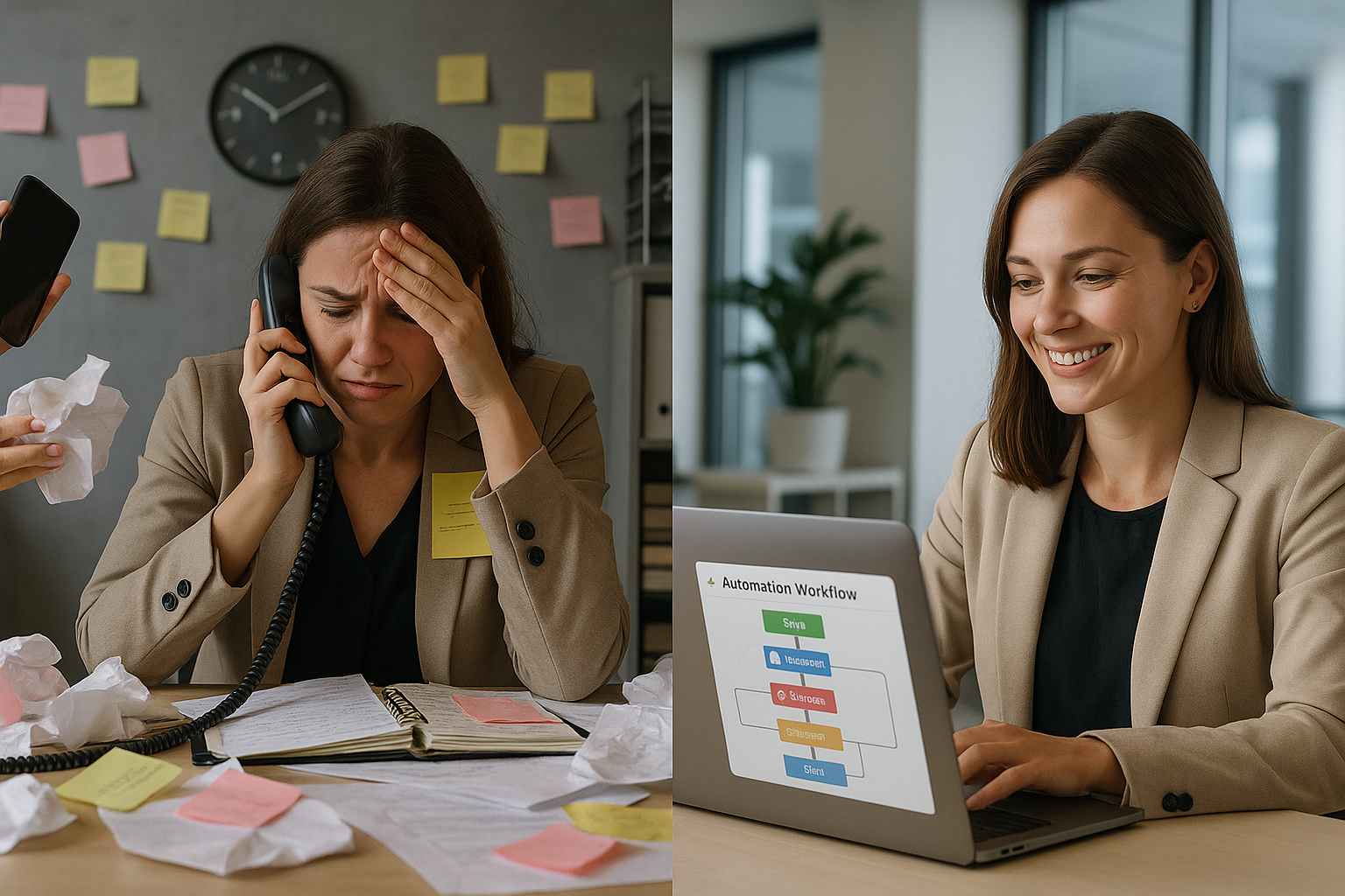 Split-screen showing a stressed event planner surrounded by clutter on the left, and a calm professional using an 