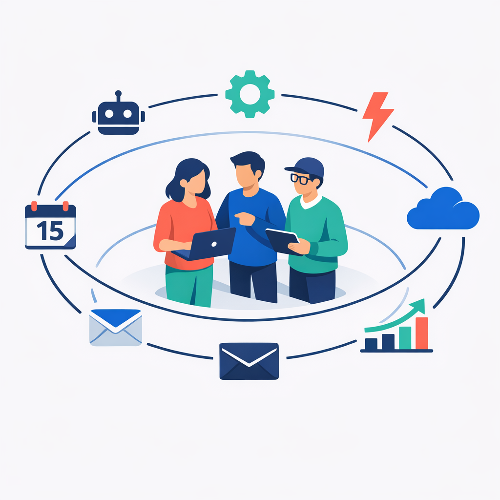 Small business team collaborating with AI automation tools - illustration showing three professionals surrounded by icons representing email, calendar, analytics, cloud, and workflow automation