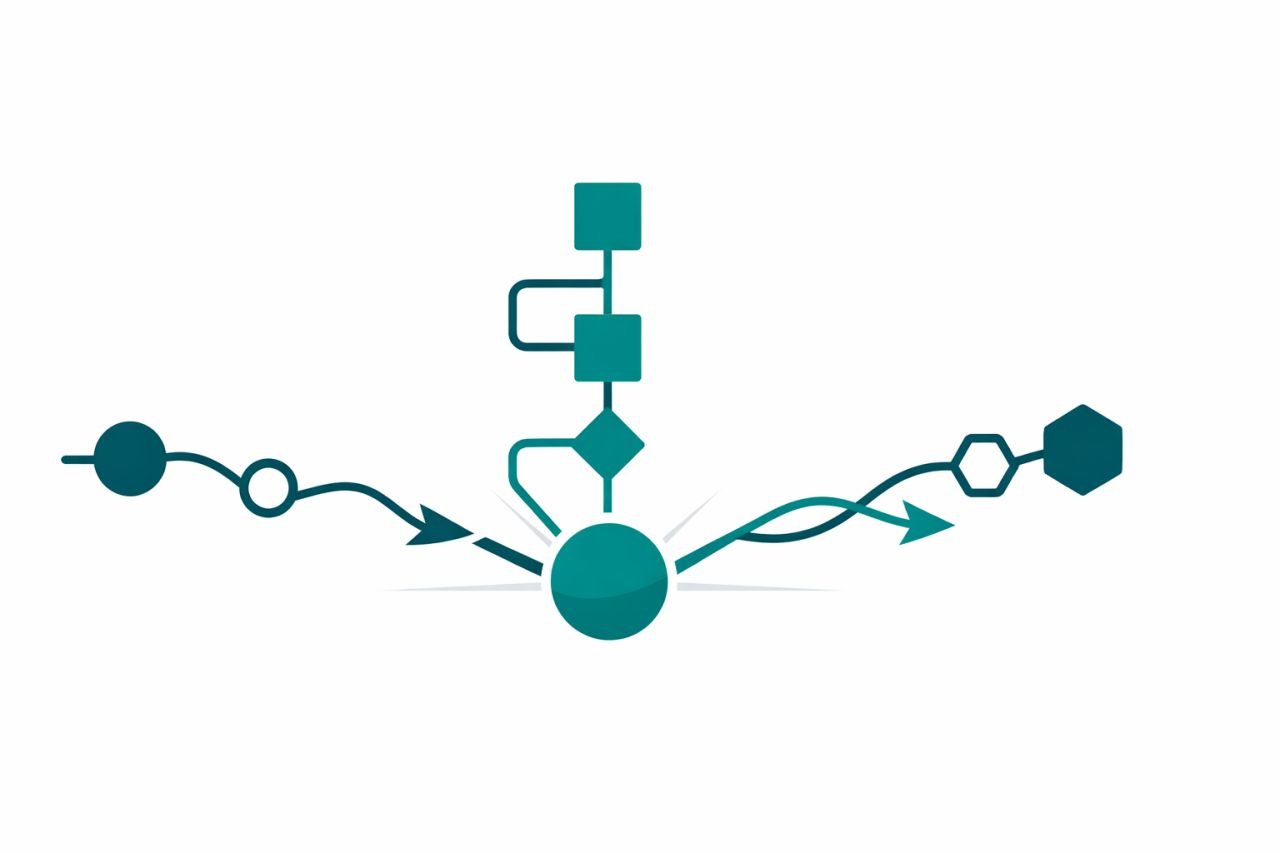 Abstract teal workflow diagram showing different node shapes connected by arrows, representing the varying automation architectures of Make, Zapier, and n8n platforms