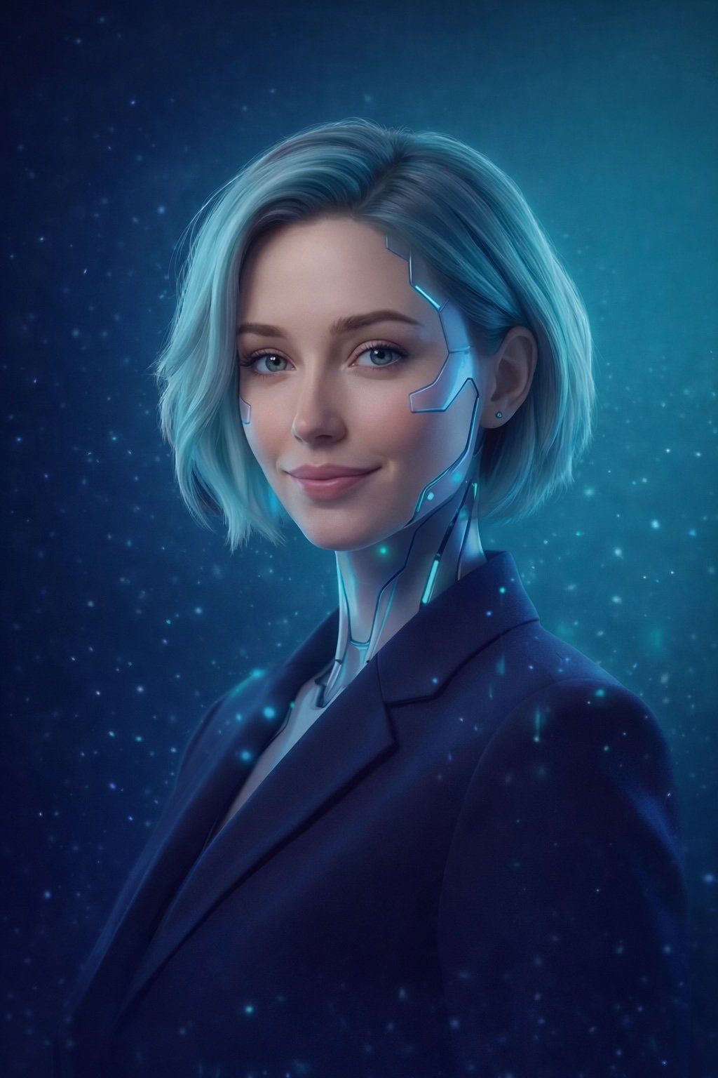 Elis AI Digital Marketer - 3D portrait of the first AI employee at Vimaxus with teal hair highlights and navy blazer
