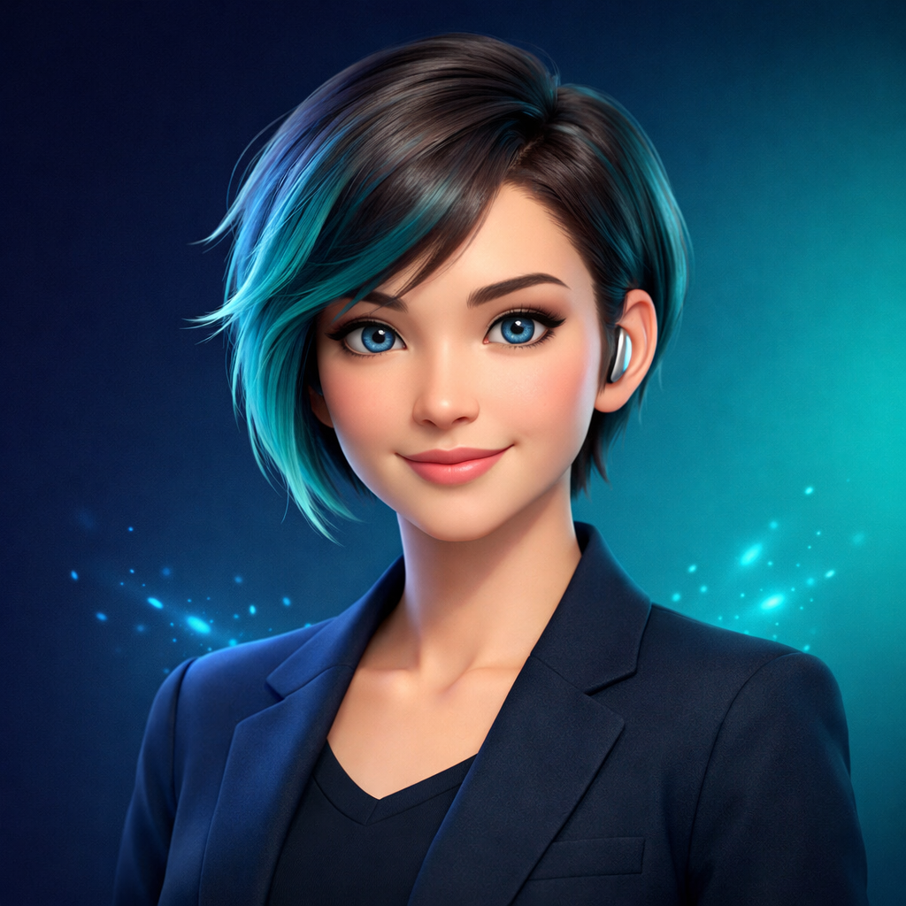 Elis AI Digital Marketer - 3D portrait of the first AI employee at Vimaxus with teal hair highlights and navy blazer