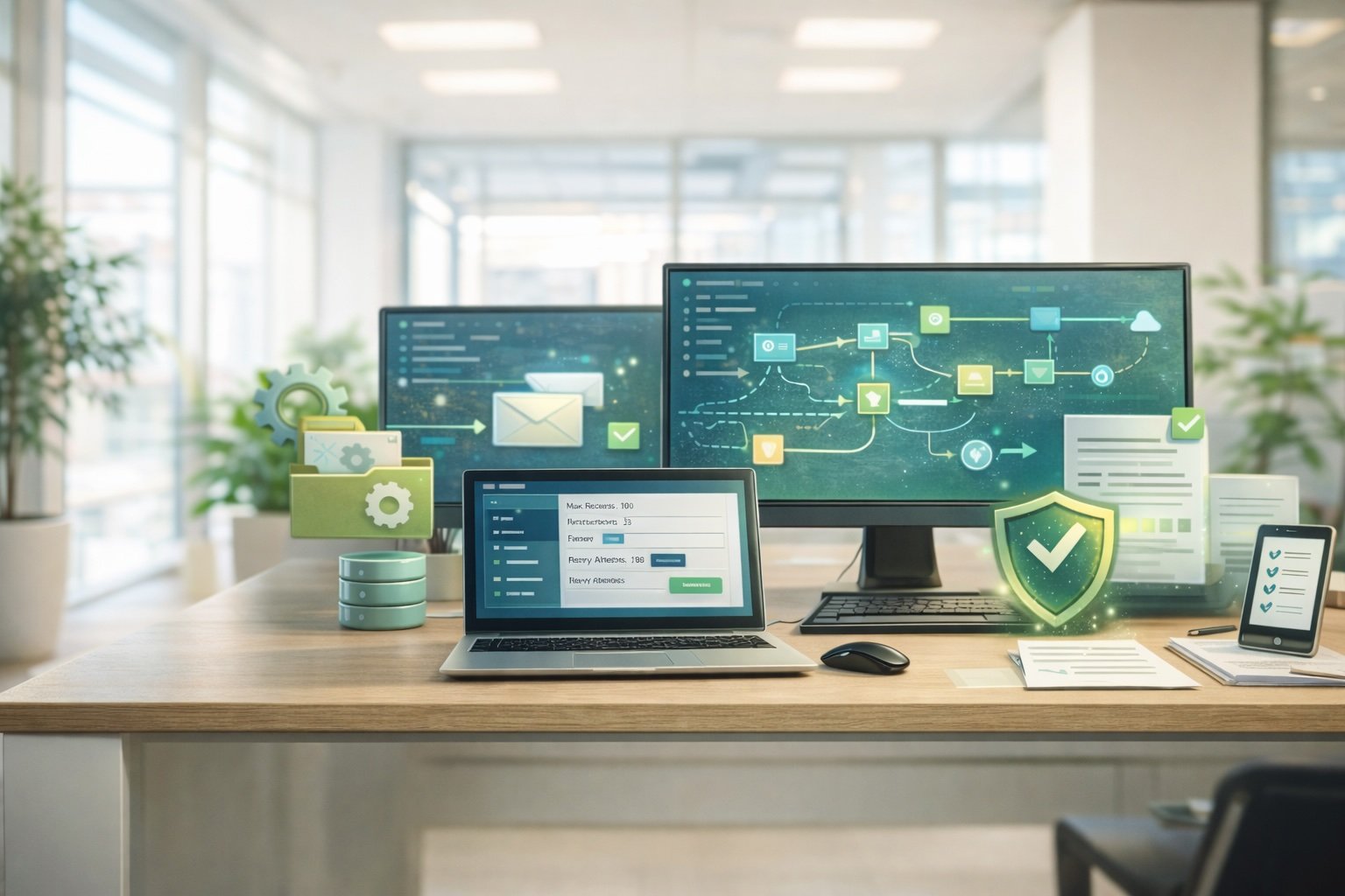 Office desk with multiple screens displaying automation workflow settings including parameter configuration panels, workflow flowcharts, email integrations, and security checkmarks