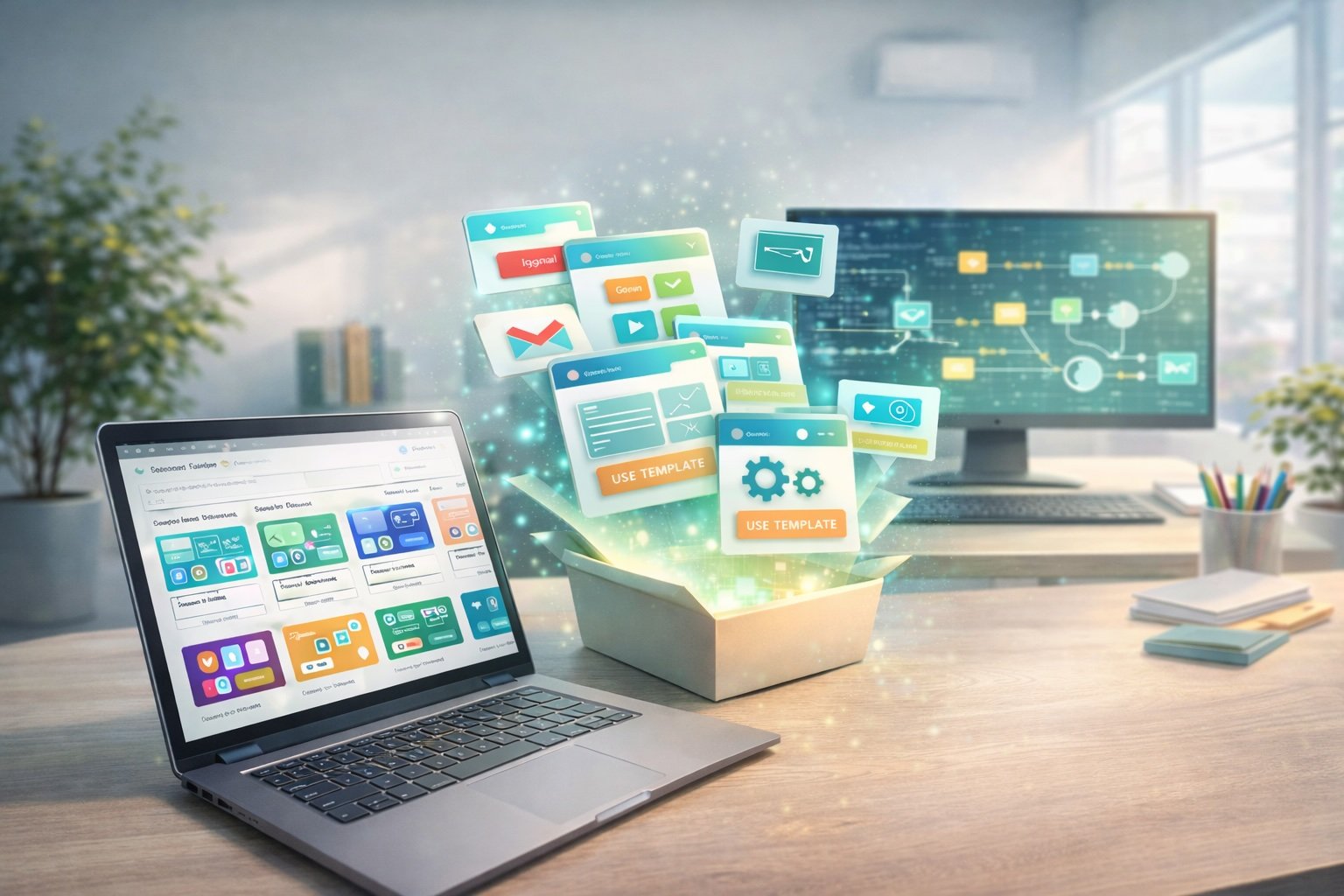 Illustration of automation templates flying out of an open box between a laptop showing a template gallery and a monitor displaying a completed workflow, with Use Template buttons visible