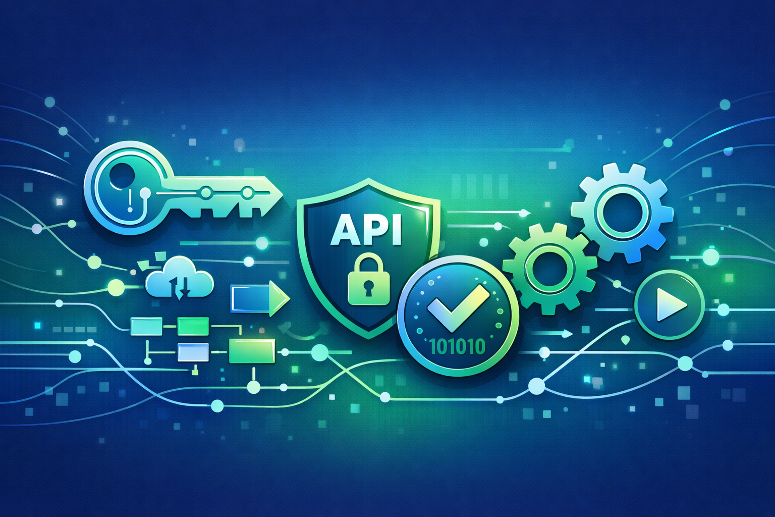 Illustration showing API keys and secure automation workflows, with a digital key, API shield, lock icon, gears, and connected data flow elements representing secure system integrations.