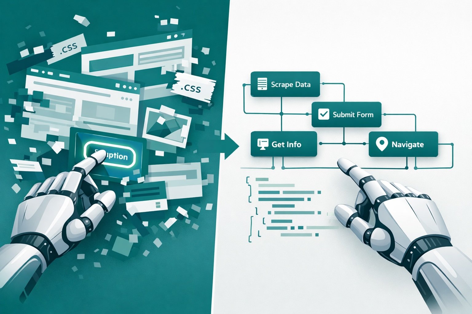 Split illustration comparing traditional web scraping of messy HTML and CSS on the left with structured WebMCP agent actions like Scrape Data, Submit Form, Get Info, and Navigate on the right
