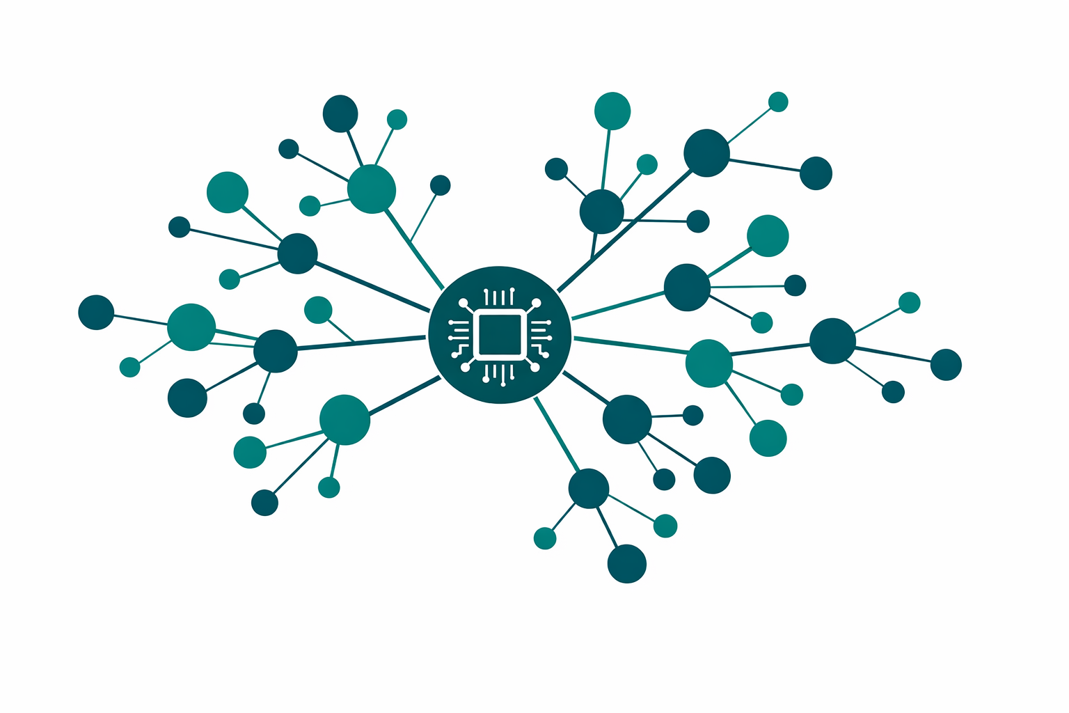Minimalist illustration of interconnected teal nodes branching autonomously in a network pattern representing emergent AI agent behavior.