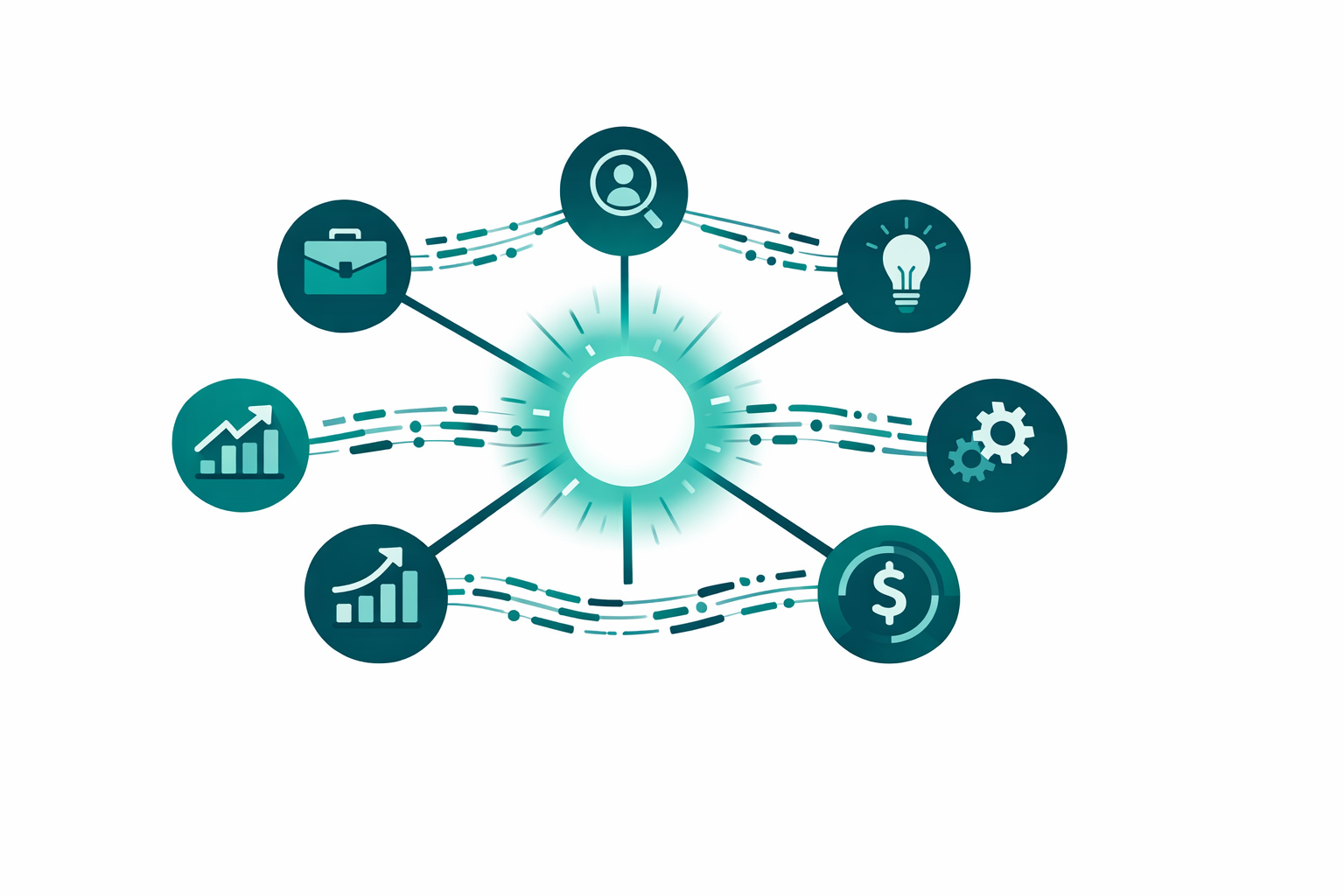 Minimalist illustration of a central AI brain connected to department nodes representing a company operating system.