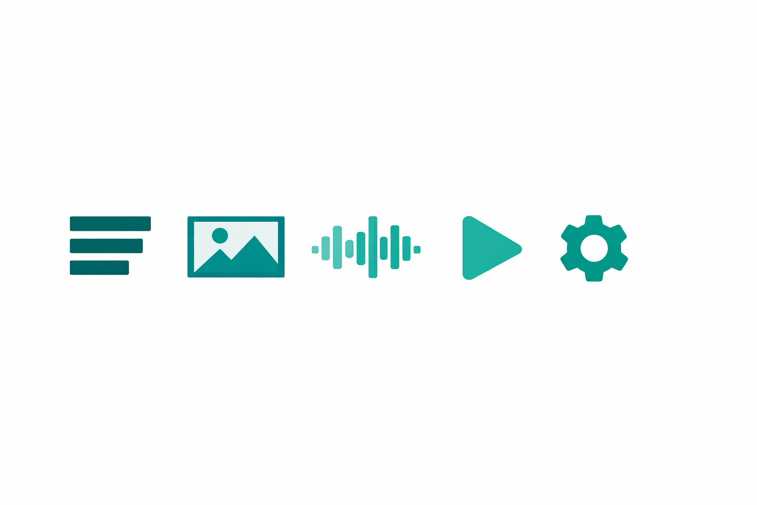Five geometric icons representing the five AI categories: text, image, audio, video, and action