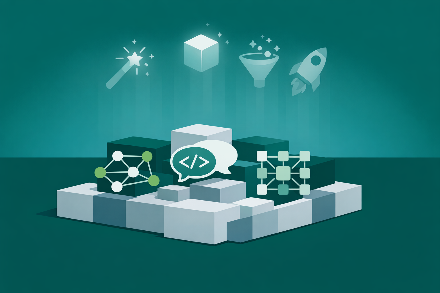 Minimalist illustration showing solid AI fundamentals as a foundation with trendy tools fading above it