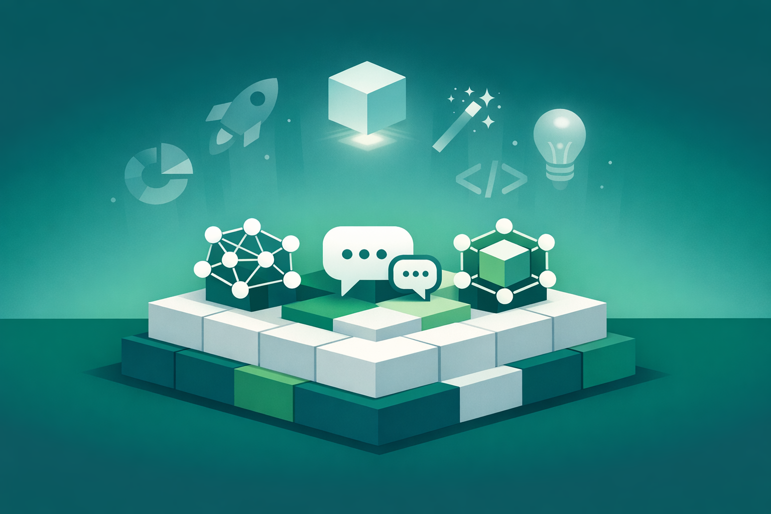 Minimalist illustration showing solid AI fundamentals as a foundation with trendy tools fading above it